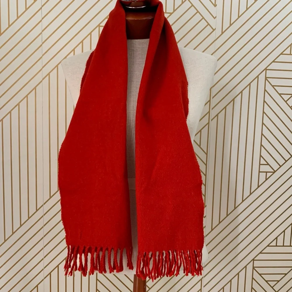 Brooks Brothers 100% Cashmere Scarf fringe red made in Scotland raw hem unisex
